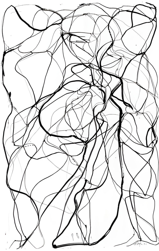 Tangle - one continuous black line tangled across a warm grey ground, on a metal wall art plate