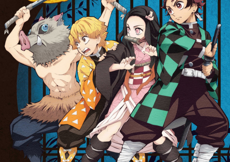 Tanjiro and Friends – Grinning - the four of them lined up ready, Inosuke grinning at the end, on a metal wall art plate