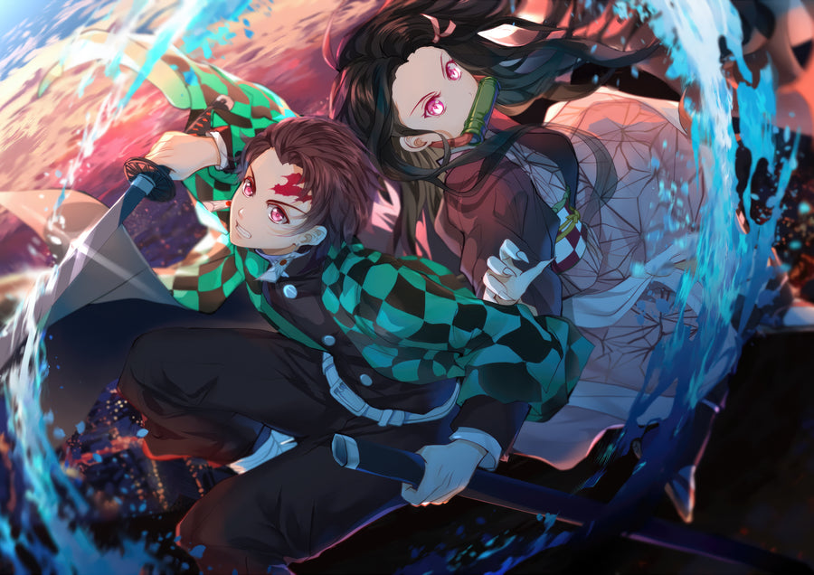 Tanjiro and Nezuko – Back to Back - the siblings back to back, water and cloth swirling round them, on a metal wall art plate