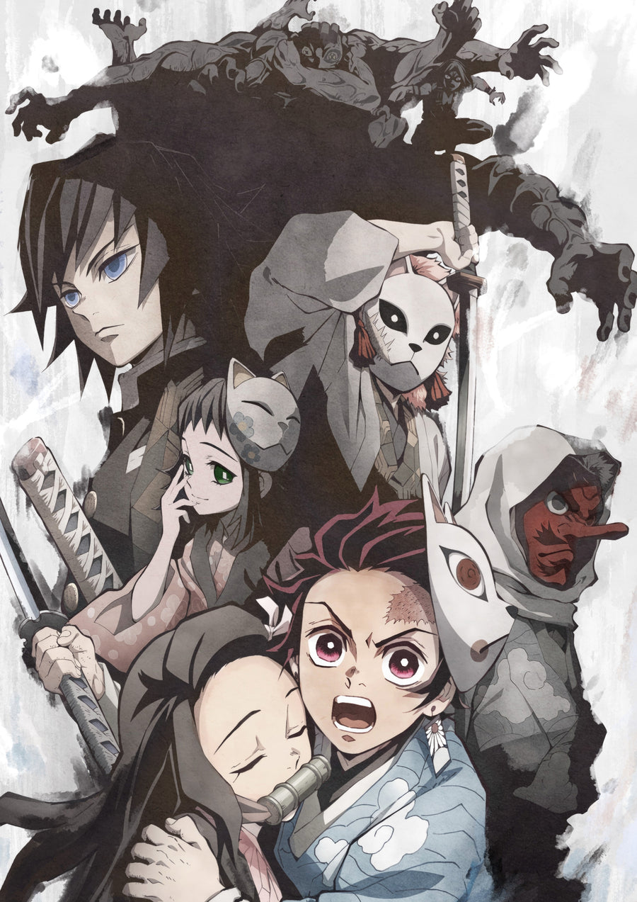 Tanjiro and Nezuko – In Grey - the Kamado siblings drawn in soft grey with masked demons rising behind them, on a metal wall art plate