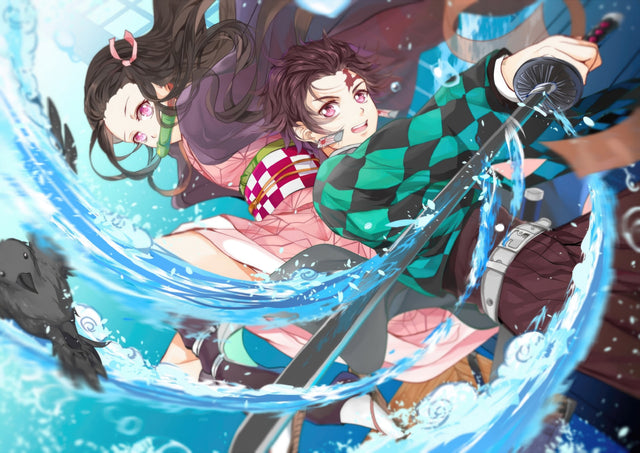 Tanjiro and Nezuko – Water - the siblings fighting together inside a spiral of water, on a metal wall art plate