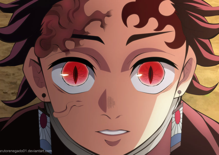 Tanjiro Kamado – Eyes - tanjiro's face filling the frame, both eyes wide, on a metal wall art plate