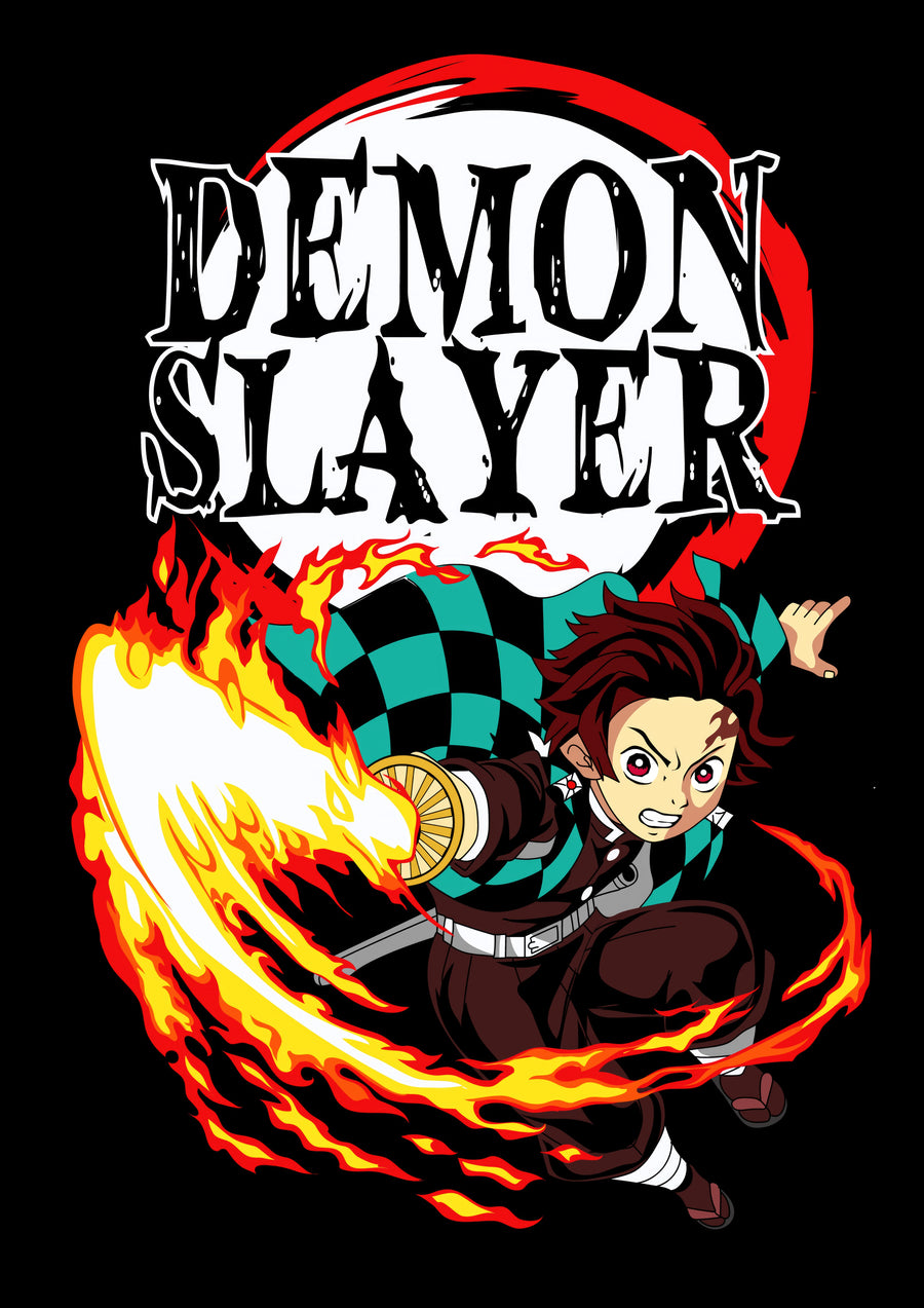 Tanjiro Kamado – In Flame - tanjiro swinging his blade through a spiral of flame beneath the series logo, on a metal wall art plate