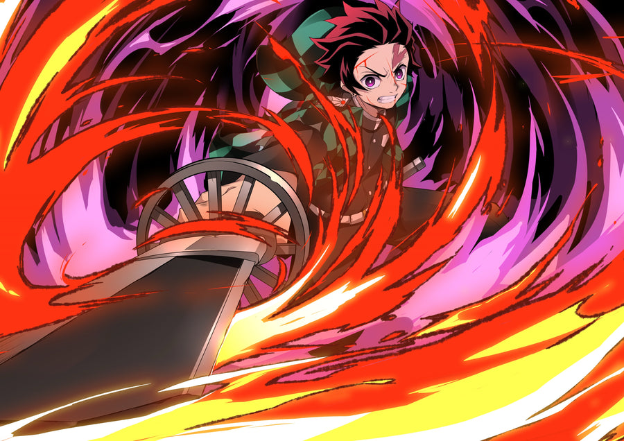 Tanjiro Kamado – In Gold - a blade cutting through a spiral of red and gold flame, on a metal wall art plate