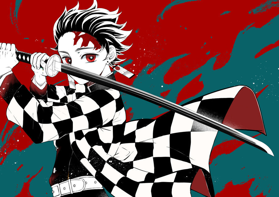 Tanjiro Kamado – In Red - tanjiro drawing his blade in flat red and teal, checked haori bold across the frame, on a metal wall art plate