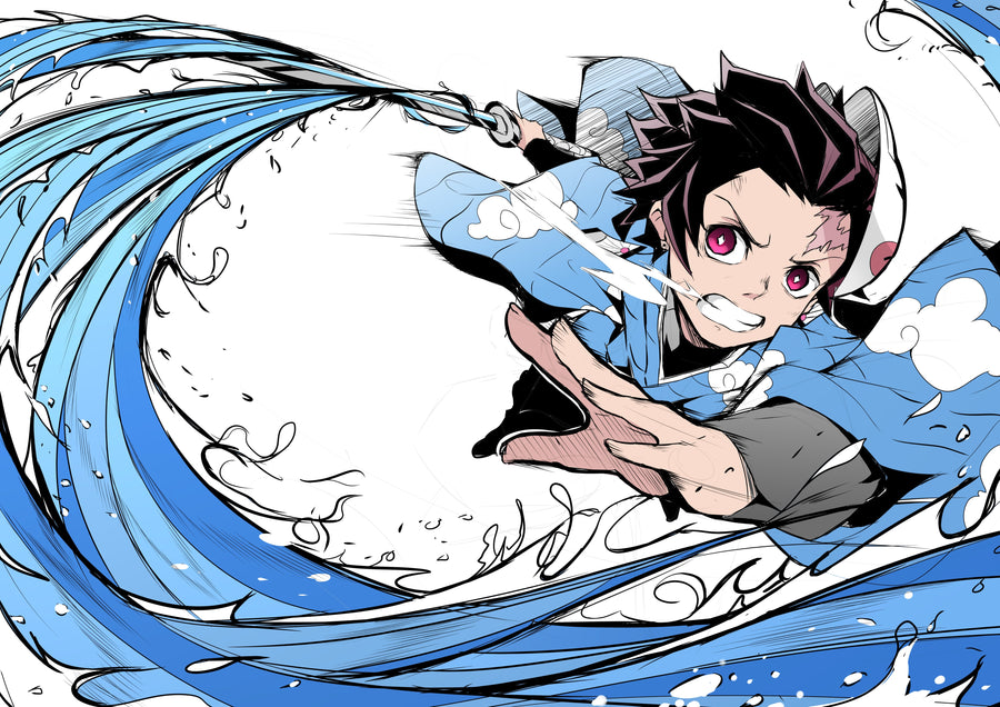 Tanjiro Kamado – Water Breathing - tanjiro carried through a curling wave of water breathing, on a metal wall art plate