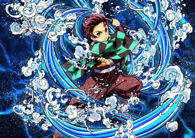 Tanjiro Kamado – Water - tanjiro mid water-breathing form, the wave curling round him, on a metal wall art plate