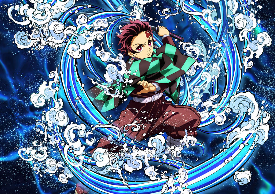 Tanjiro Kamado – Water - tanjiro mid water-breathing form, the wave curling round him, on a metal wall art plate