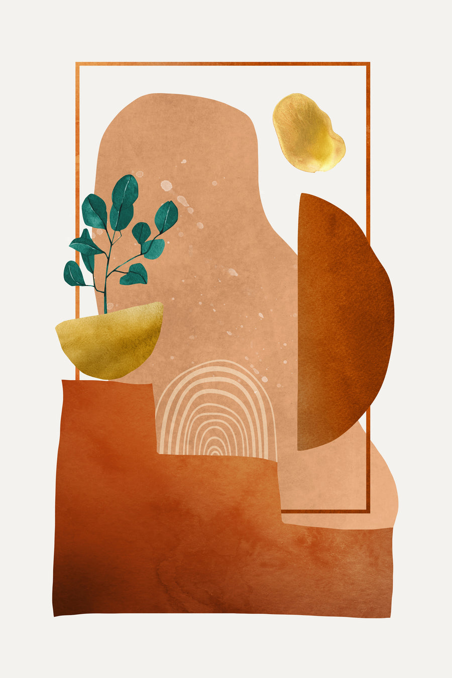 Terracotta Arches - soft terracotta and clay shapes overlap behind a fine copper frame, lifted by eucalyptus sprigs and gold accents
