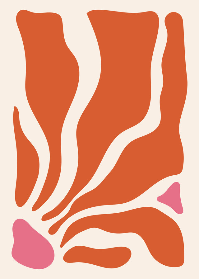 Terracotta Current - warm terracotta forms rise and curve across a cream ground with soft pink accents, on a metal wall art plate