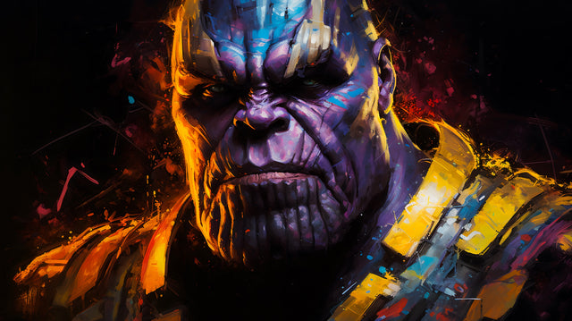 Thanos – Paint Splash - the purple face and gold armour against a black ground, on a metal wall art plate