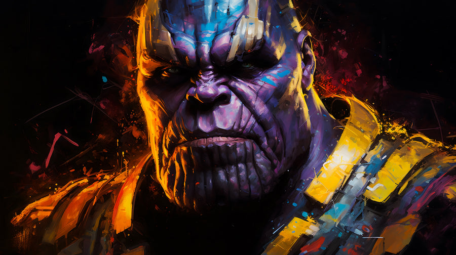 Thanos – Paint Splash - the purple face and gold armour against a black ground, on a metal wall art plate
