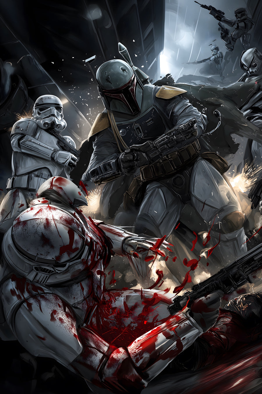 The Ambush - an armoured hunter cutting through troopers in a corridor, on a metal wall art plate