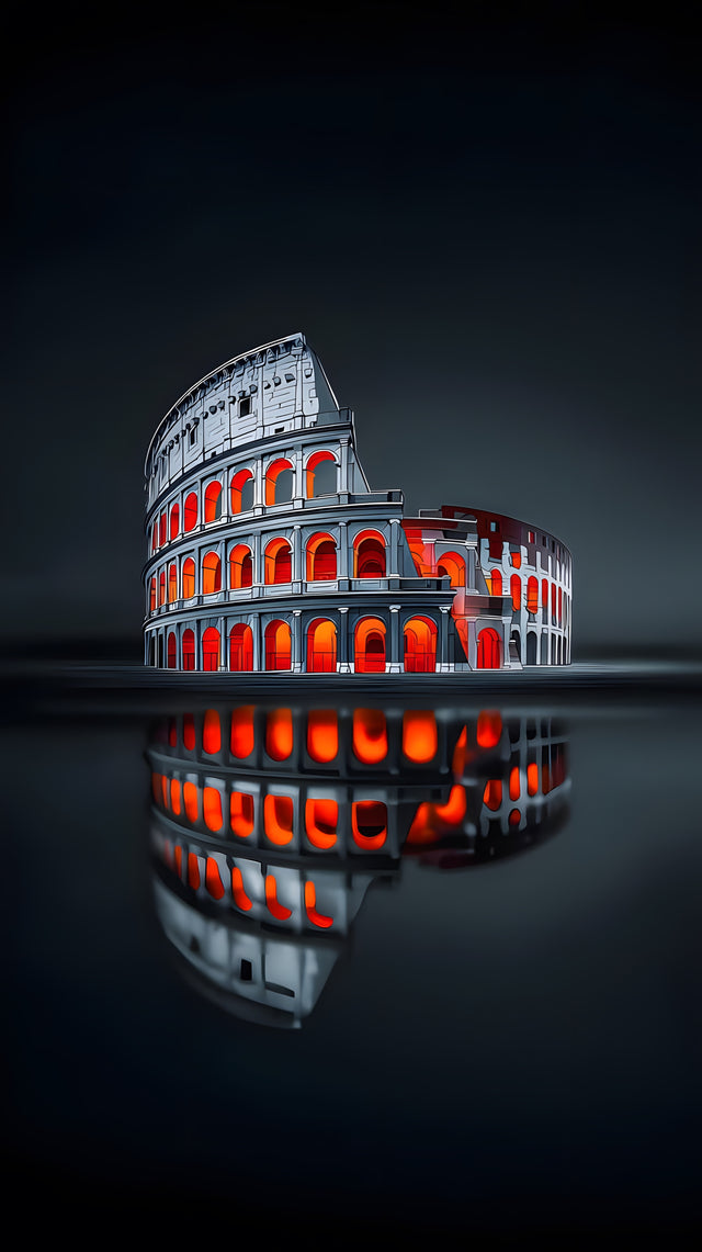 The Colosseum sits on black glass, every arch glowing ember orange and doubled in the reflection below