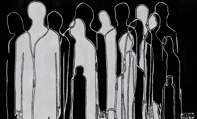 The Crowd - a crowd of figures drawn as white outlines on black, shoulder to shoulder, on a metal wall art plate