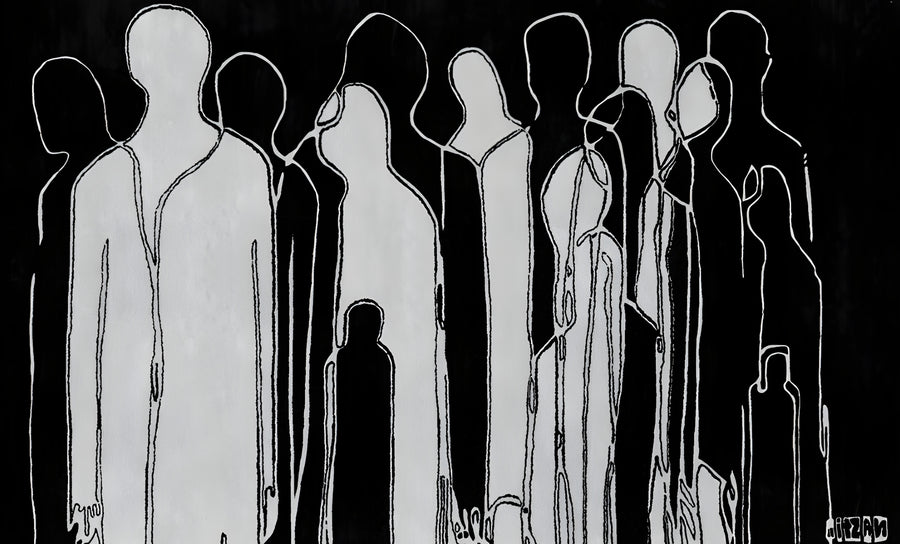 The Crowd - a crowd of figures drawn as white outlines on black, shoulder to shoulder, on a metal wall art plate