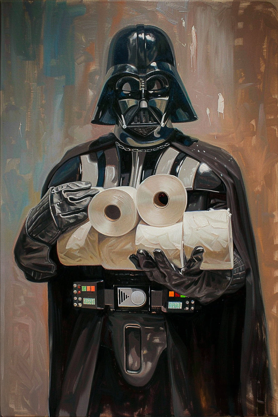 The Dark Lord Stocks Up - the black helmet and cape, arms full of toilet rolls, painted like an old master, on a metal wall art plate