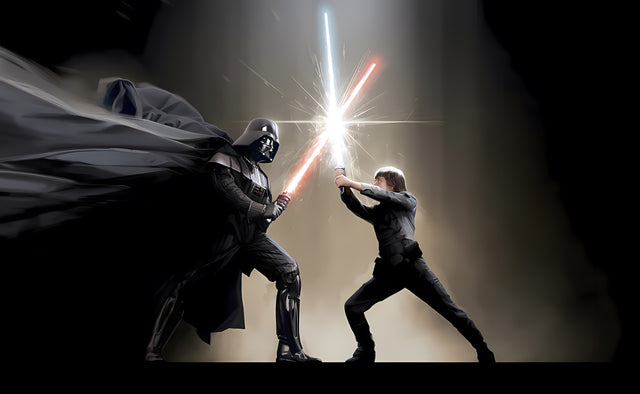 The Duel – Cave Mouth - two figures locked blade to blade, one caped in black, light pouring in behind, on a metal wall art plate
