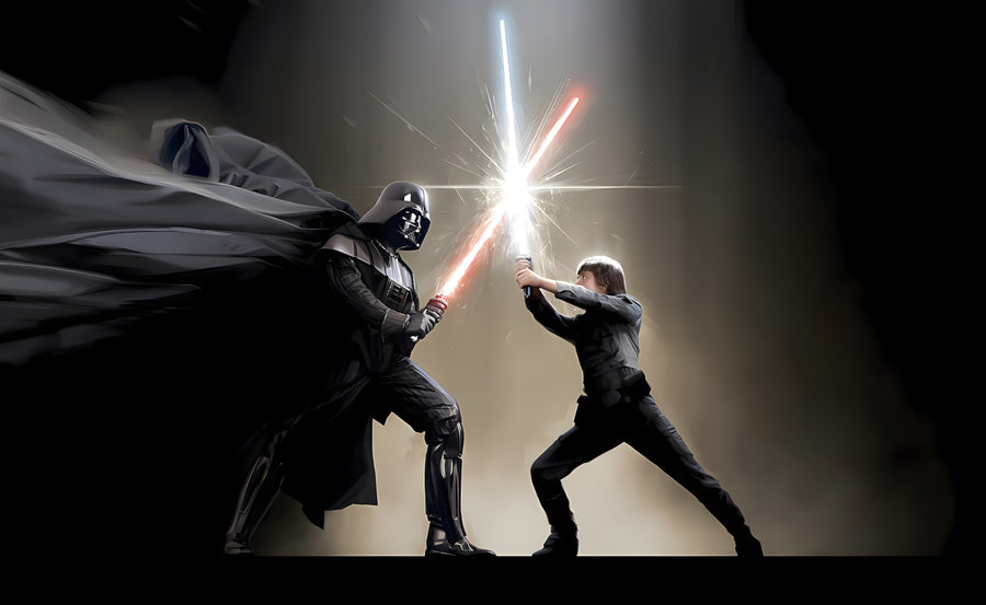The Duel – Cave Mouth - two figures locked blade to blade, one caped in black, light pouring in behind, on a metal wall art plate
