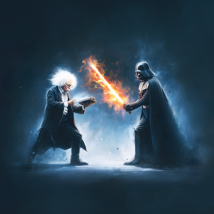 The Duel - two figures crossing blades in a cloud of smoke, one white haired, on a metal wall art plate