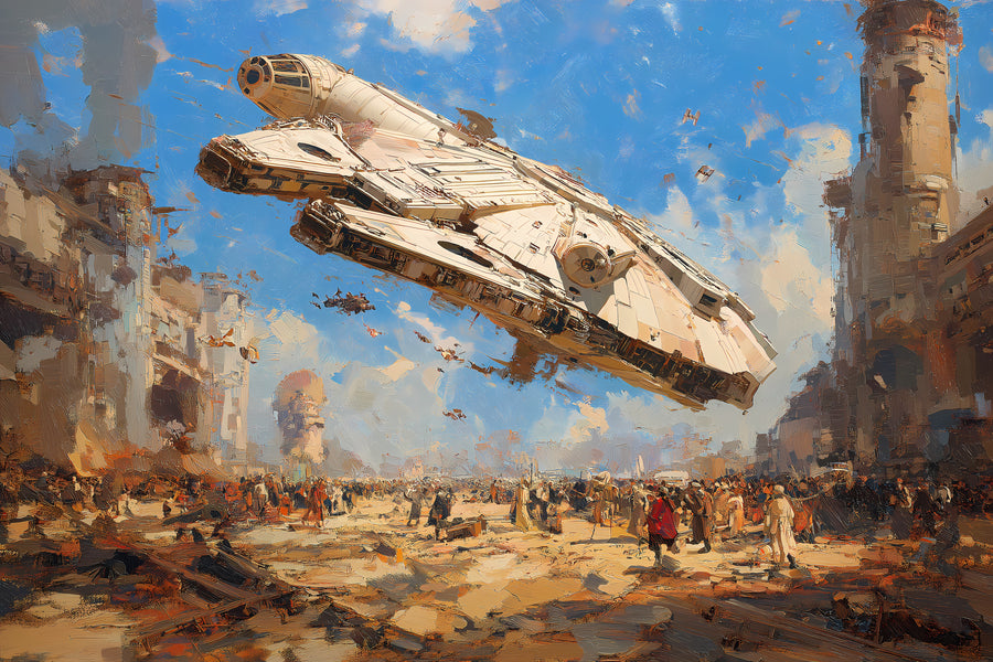 The Falcon Over the Market - the freighter lifting over a crowded desert market, painted loose, on a metal wall art plate
