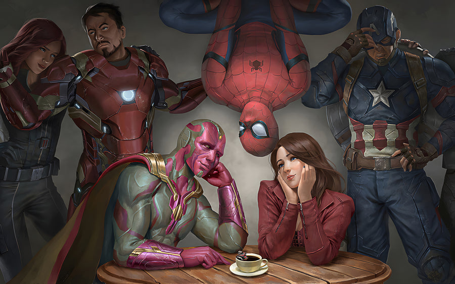 The Family Table - the team crowded round a kitchen table, one of them hanging upside down, on a metal wall art plate