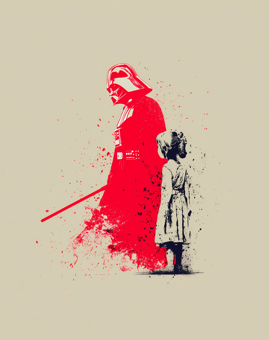 The Father - a red silhouette in armour standing over a small figure in white, on a metal wall art plate