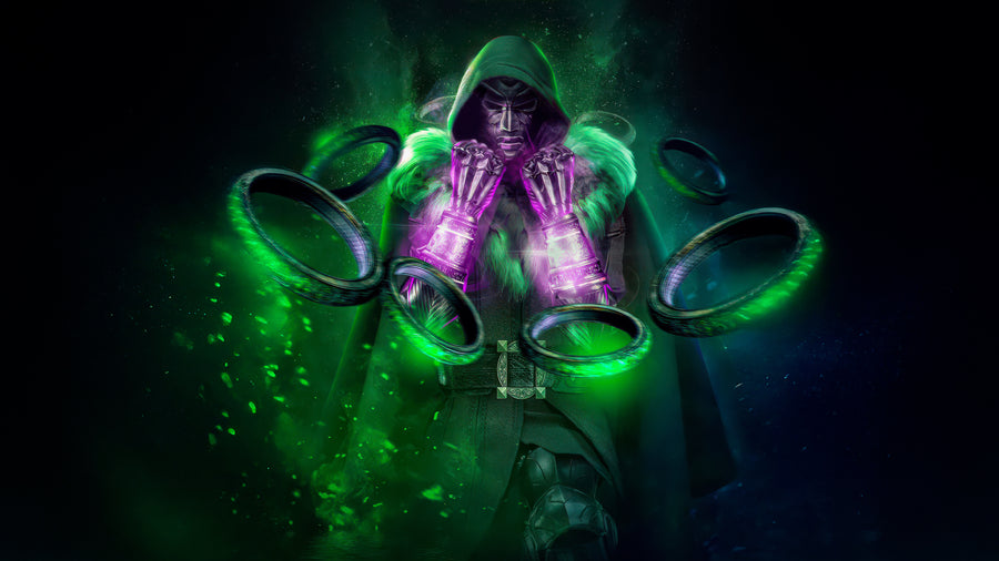The Gauntlet - a gloved hand raised in green light, the stones burning violet, on a metal wall art plate