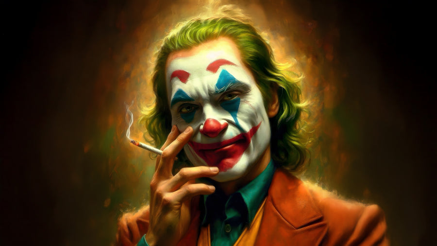 The Joker – Cigarette - the clown make-up and green hair, a cigarette held loosely, painted warm, on a metal wall art plate