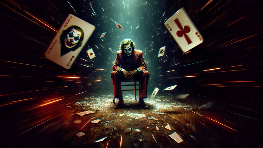 The Joker – House of Cards - a seated figure in a storm of playing cards, red light streaking past, on a metal wall art plate