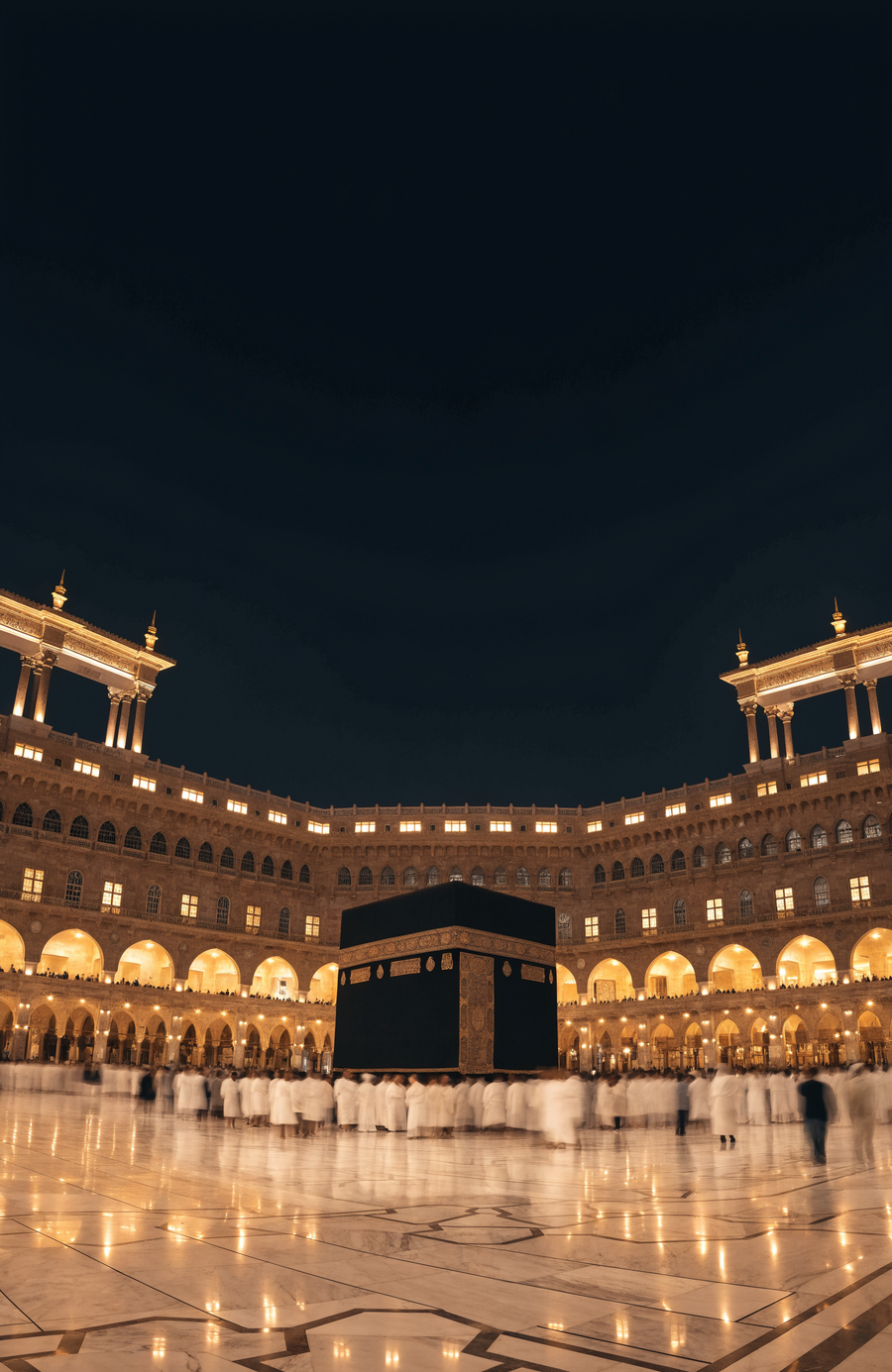 The Kaaba stands at the centre of the Grand Mosque, the courtyard turning softly around it under a deep night sky