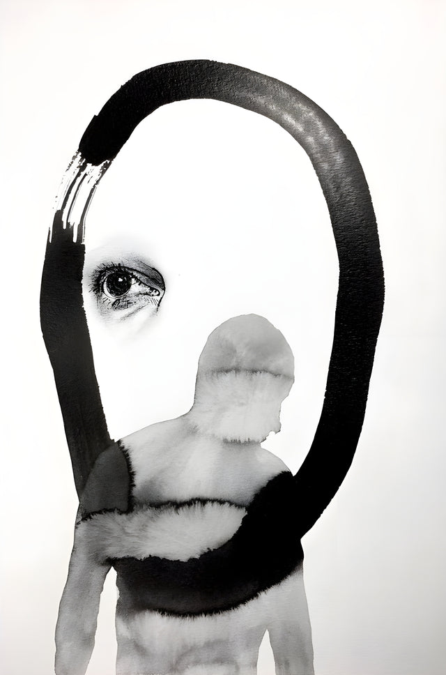 The Loop - a black loop drawn over a photographic face and a small figure, half portrait and half collage, on a metal wall art plate