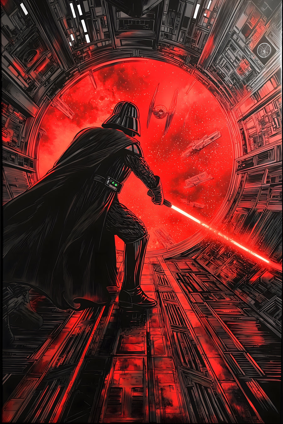 The Reactor - a silhouette braced before a huge red disc, blade drawn, on a metal wall art plate