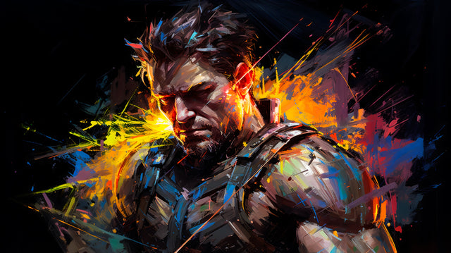 The Soldier – Paint Splash - a stubbled soldier in tactical gear, the frame breaking into splashes of colour, on a metal wall art plate