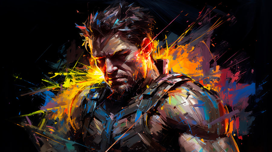 The Soldier – Paint Splash - a stubbled soldier in tactical gear, the frame breaking into splashes of colour, on a metal wall art plate