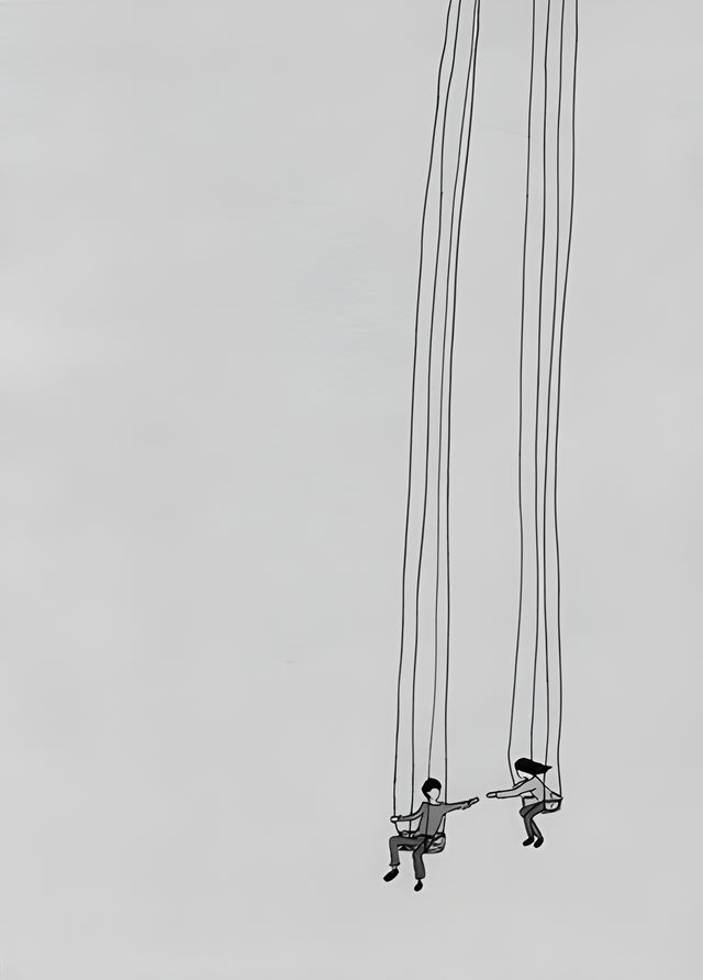 The Swings - two tiny figures on swings hanging from lines that run off the top of the page, on a metal wall art plate