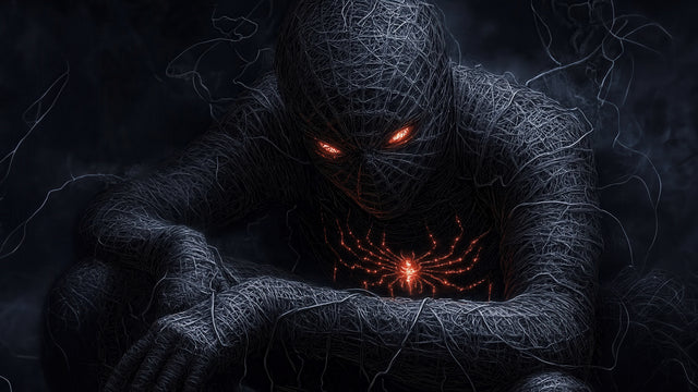 The Symbiote - a black figure crouched in a web of grey line, eyes and chest burning red, on a metal wall art plate