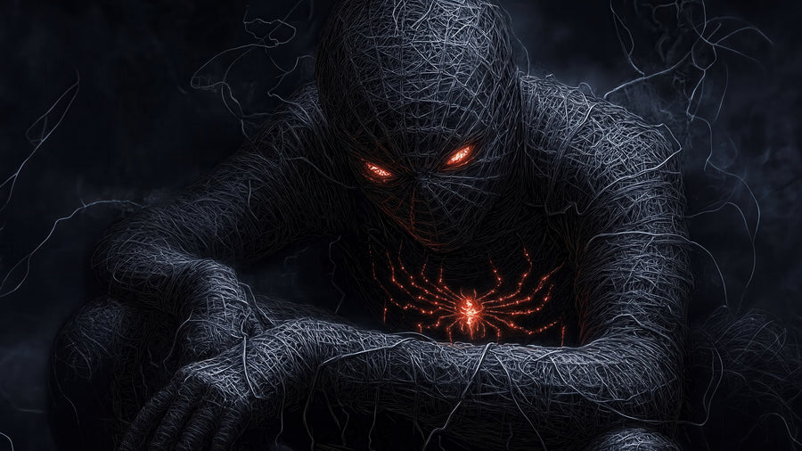 The Symbiote - a black figure crouched in a web of grey line, eyes and chest burning red, on a metal wall art plate