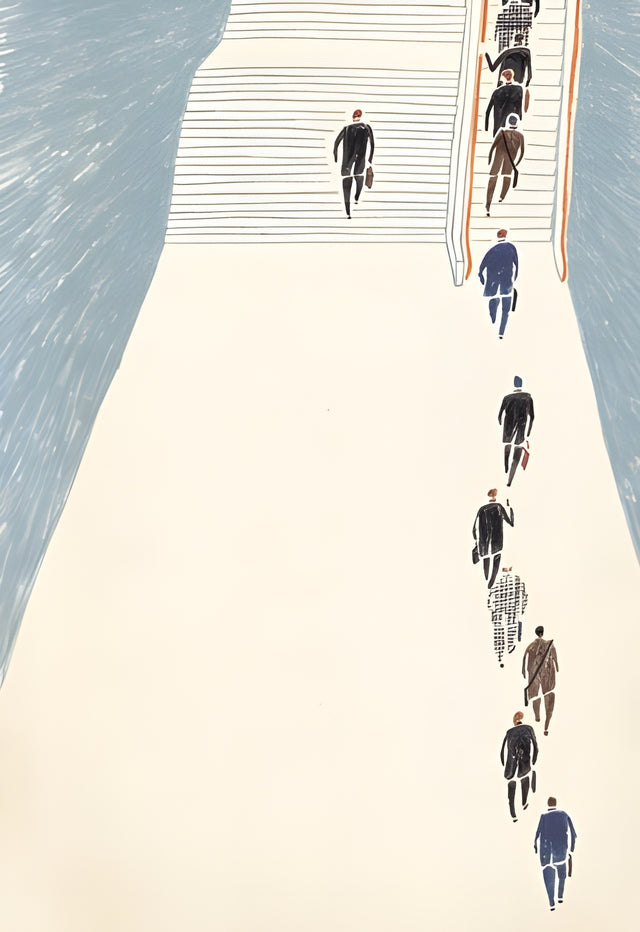 The Walkway - seen from above: figures crossing a pale walkway over teal water, on a metal wall art plate