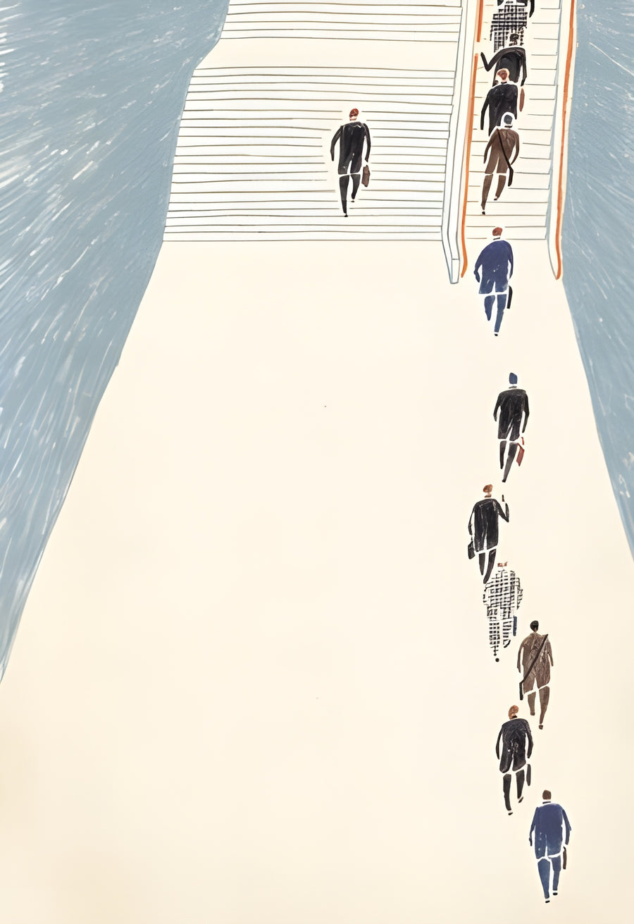 The Walkway - seen from above: figures crossing a pale walkway over teal water, on a metal wall art plate