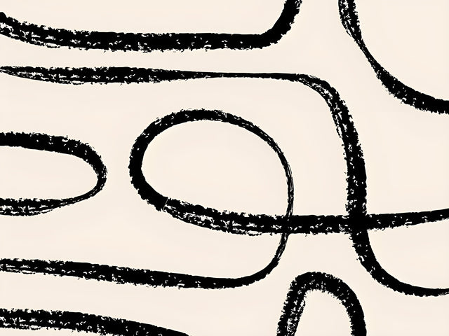 Thick Loops - thick black loops rolling across cream, drawn with a dry brush, on a metal wall art plate