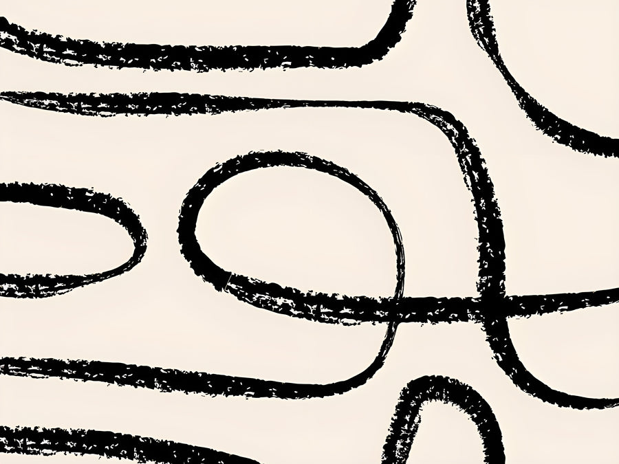 Thick Loops - thick black loops rolling across cream, drawn with a dry brush, on a metal wall art plate