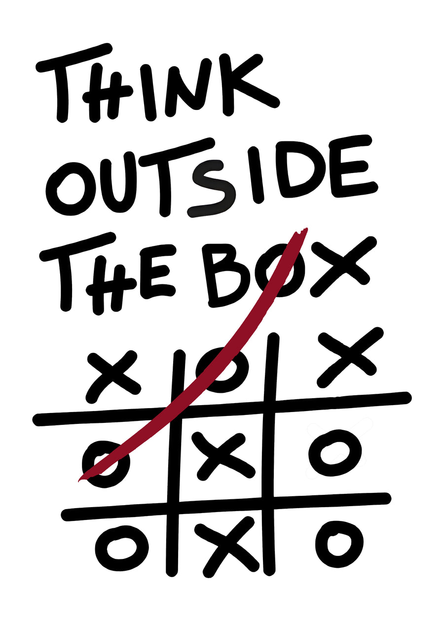 Think Outside The Box (Hand Lettered) - “Think outside the box” — hand-lettered above a noughts and crosses grid won by a red line, on a metal wall art plate