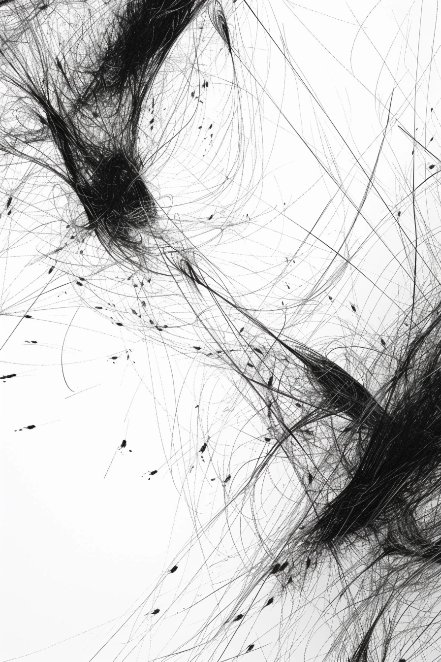 Threaded Motion - fine black threads twist and gather across a white field in a dynamic web of sweeping lines, on a metal wall art plate