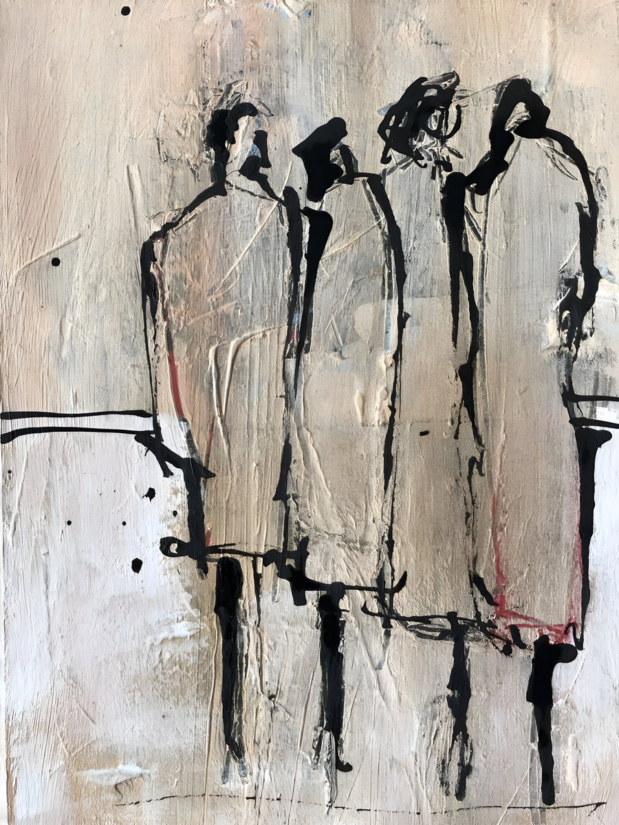 Three Figures - three figures scraped out of thick grey paint, with black line holding them upright, on a metal wall art plate