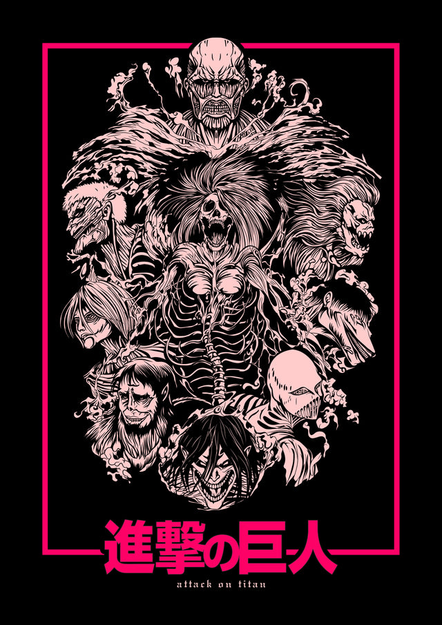 Titans – Among the Titans - a tower of titans built up in pink line inside a neon frame, on a metal wall art plate
