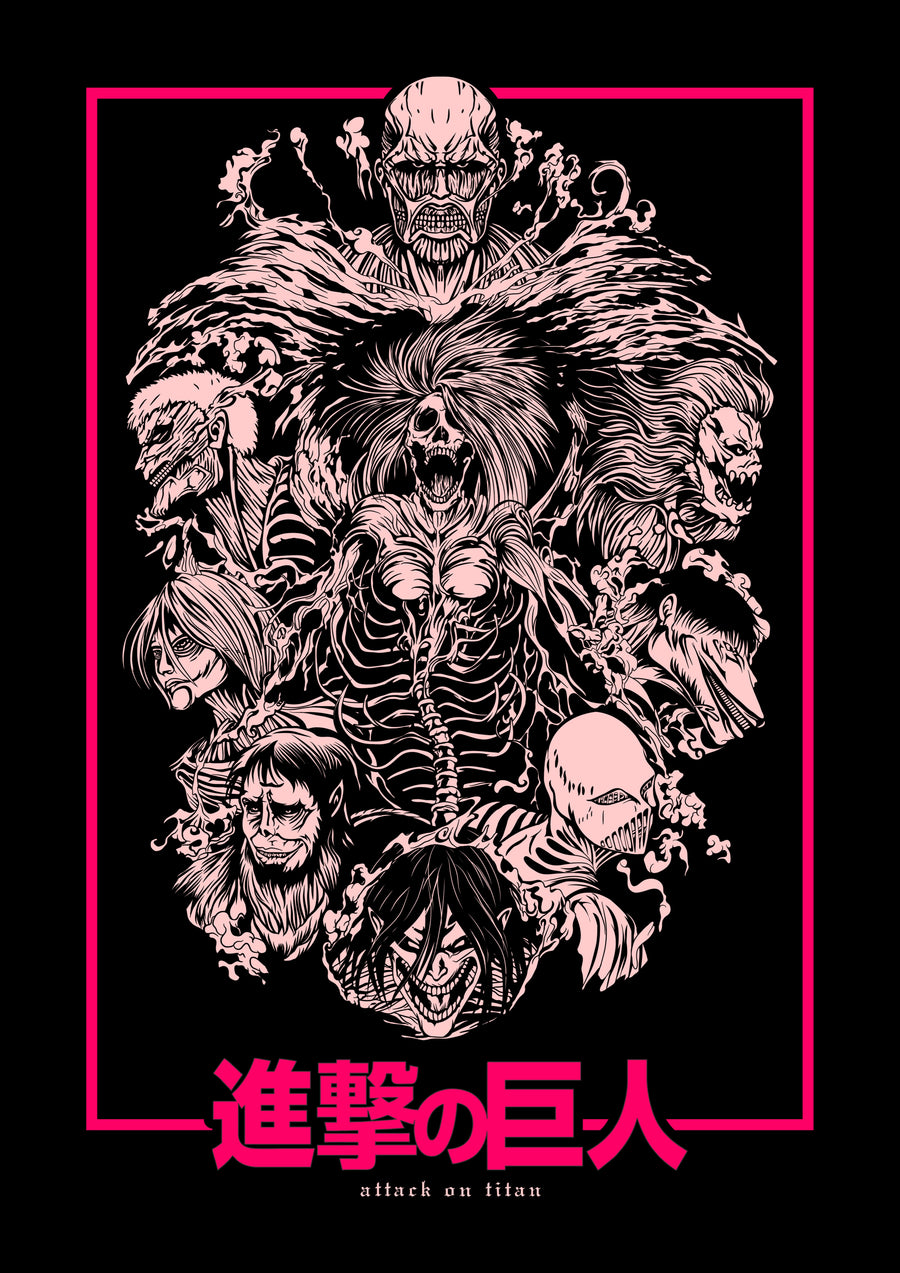 Titans – Among the Titans - a tower of titans built up in pink line inside a neon frame, on a metal wall art plate