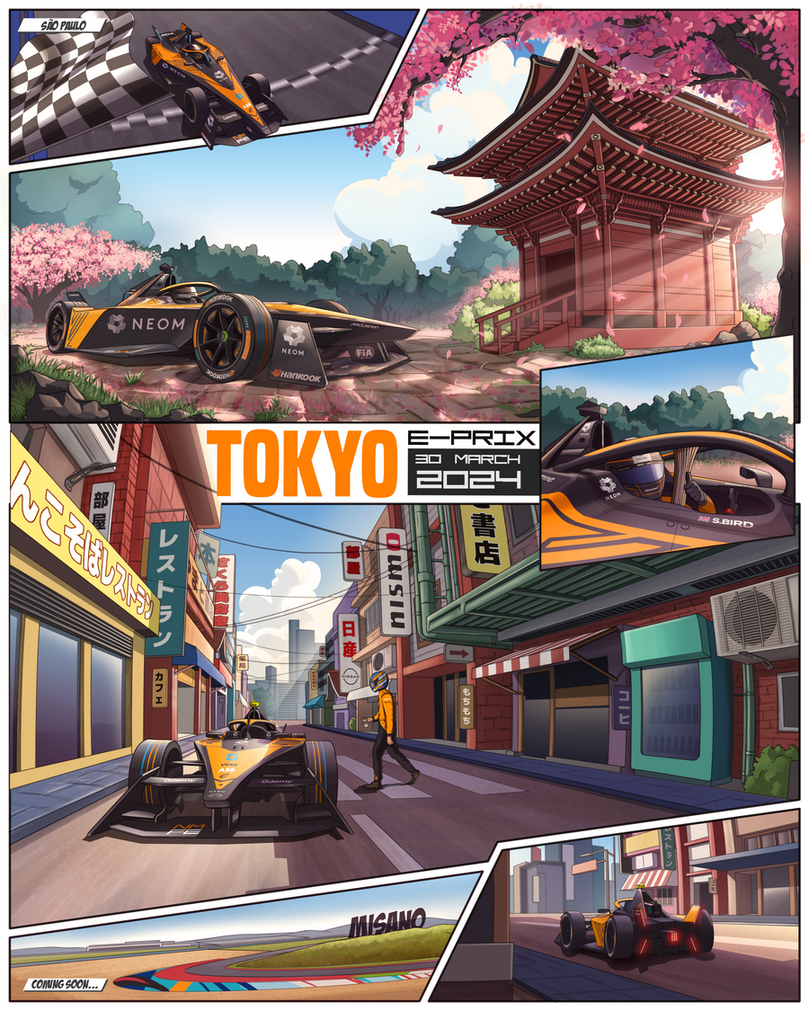 Tokyo E-Prix 2024 – Race Poster - a Formula 1 car in Tokyo E-Prix 2024, shot against a clean studio ground, on a metal wall art plate
