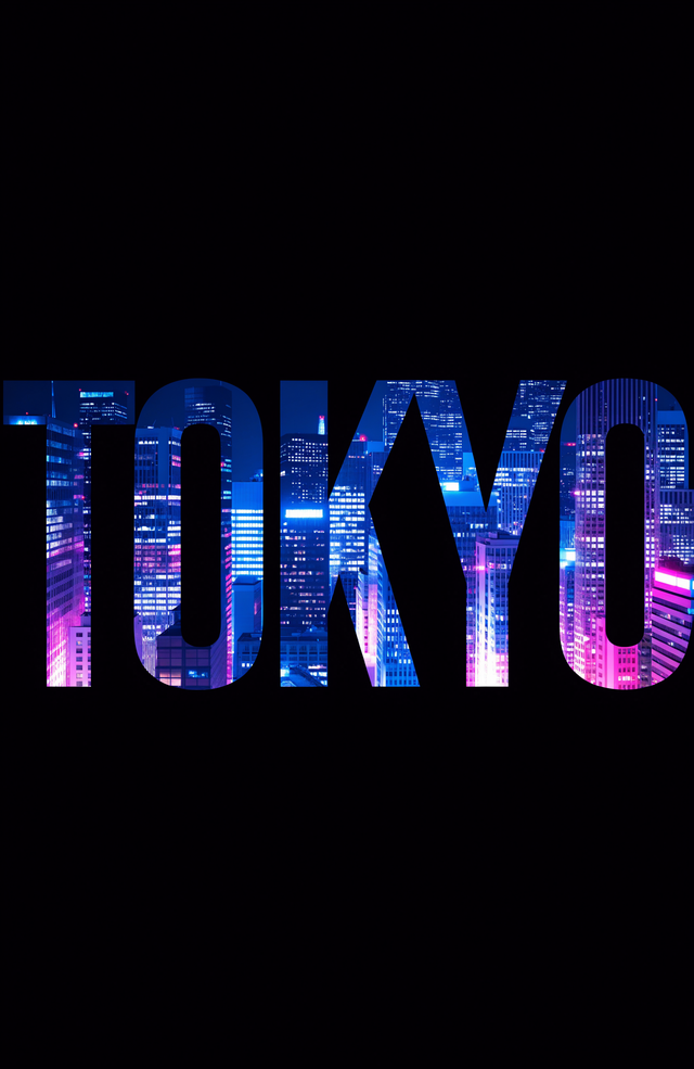 The name TOKYO is cut from the neon night skyline, electric blue and magenta burning through the letters