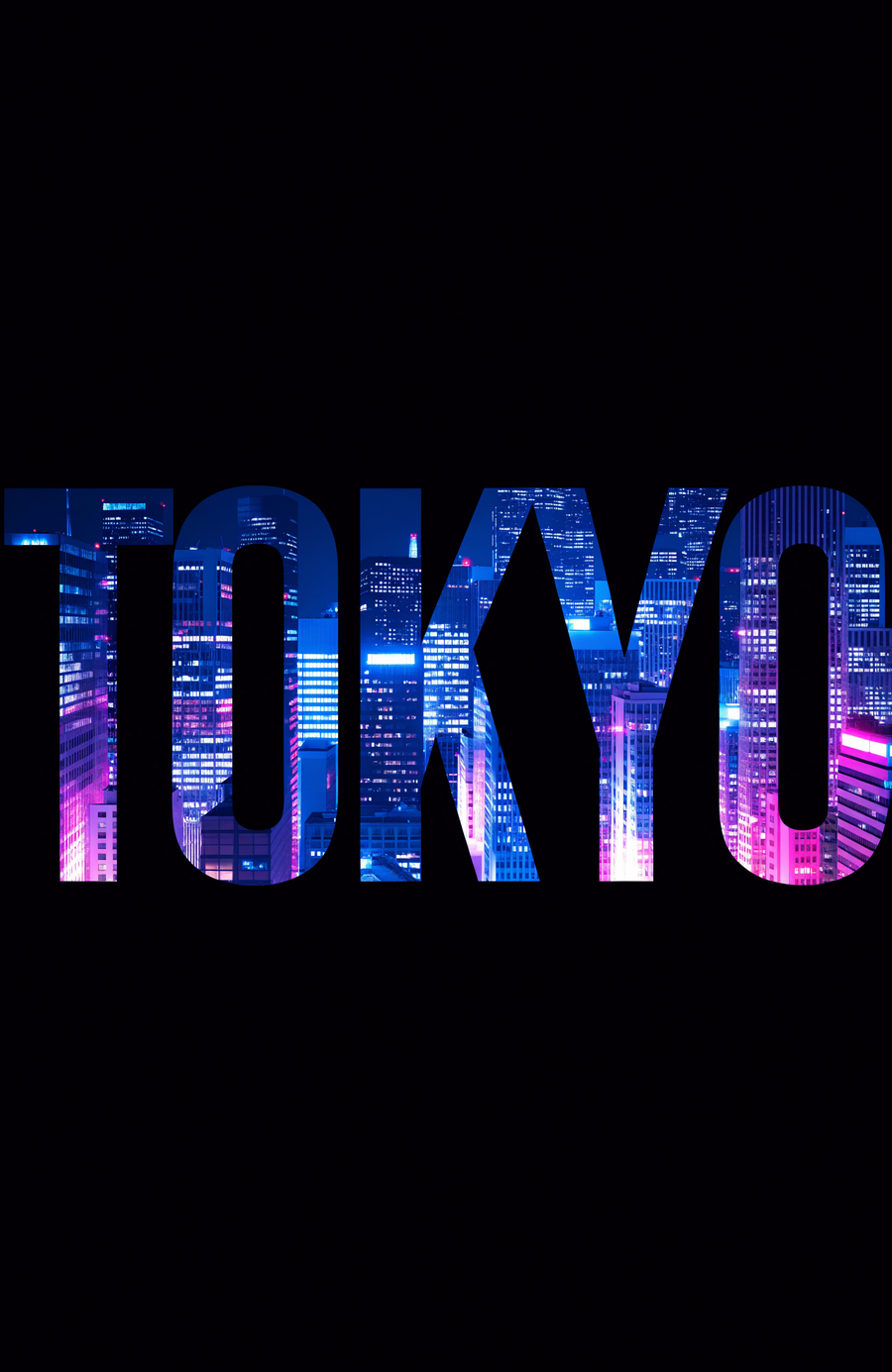 The name TOKYO is cut from the neon night skyline, electric blue and magenta burning through the letters